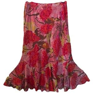 Festive red & pink multi floral print exotic Bohemian Tropical skirt 14-16W CATO